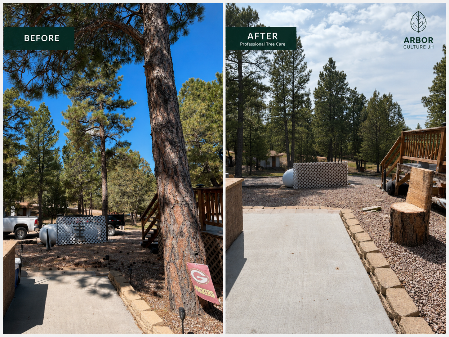Before and after tree care project near a residential deck